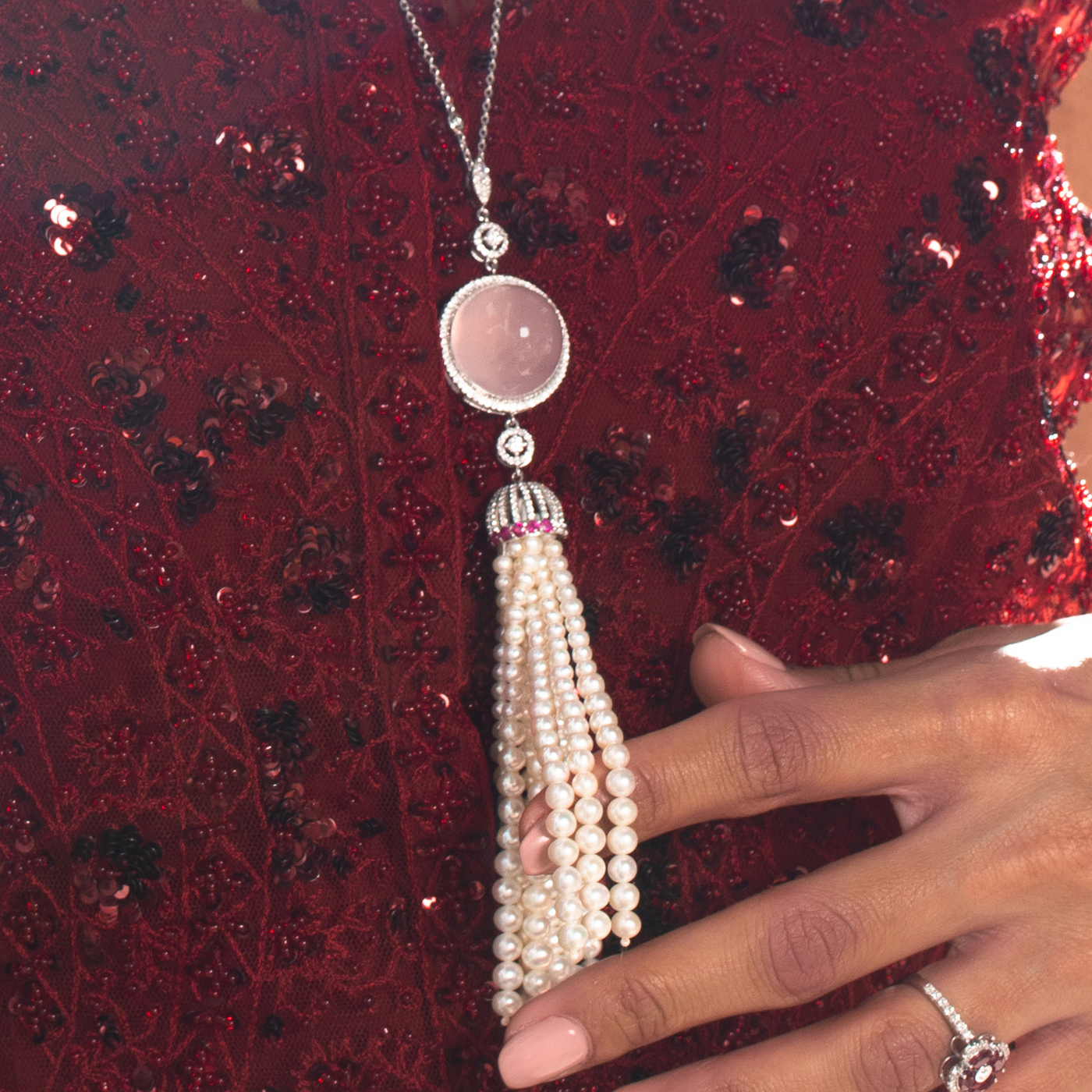 Belle Rose Quartz & Diamond Sautoir Long Necklace in 18K White Gold