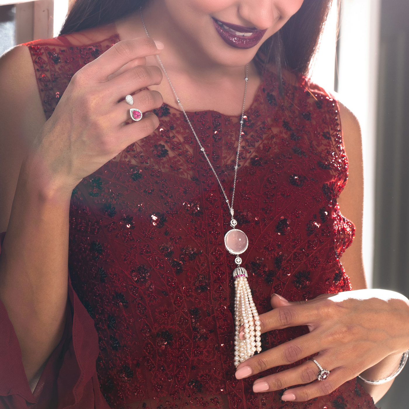 Belle Rose Quartz & Diamond Sautoir Long Necklace in 18K White Gold