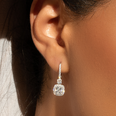 Diamond Cushion Drop Halo Earrings